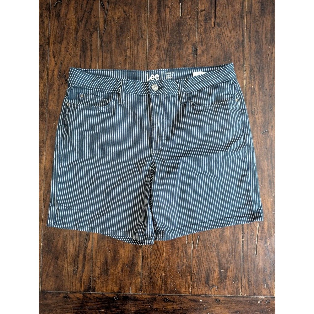 Lee Hickory Stripe Shorts Womens 14 M Blue White Nautical Coastal Workwear Summe